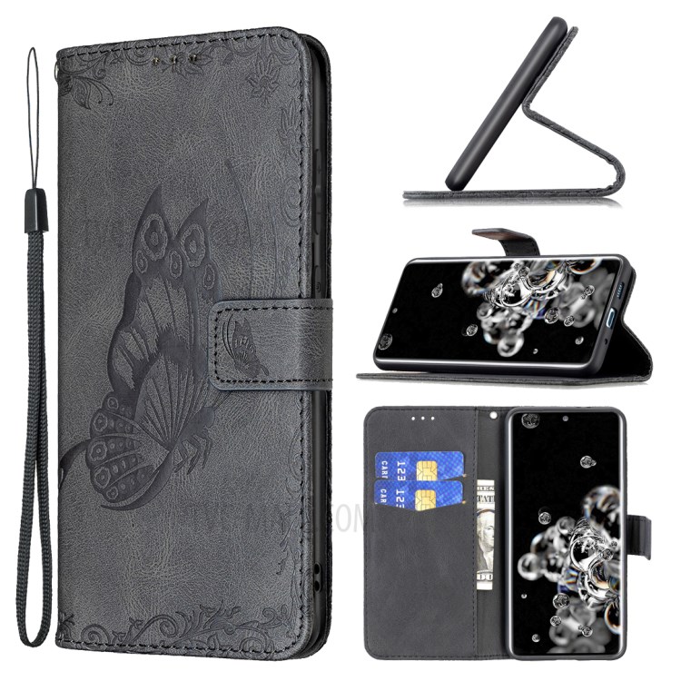 Imprint Butterfly Flower Leather Wallet Shell Cover for Samsung Galaxy S20 Ultra - Black-10