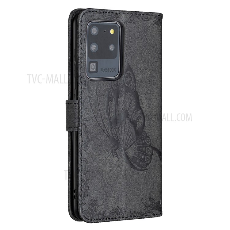 Imprint Butterfly Flower Leather Wallet Shell Cover for Samsung Galaxy S20 Ultra - Black-8