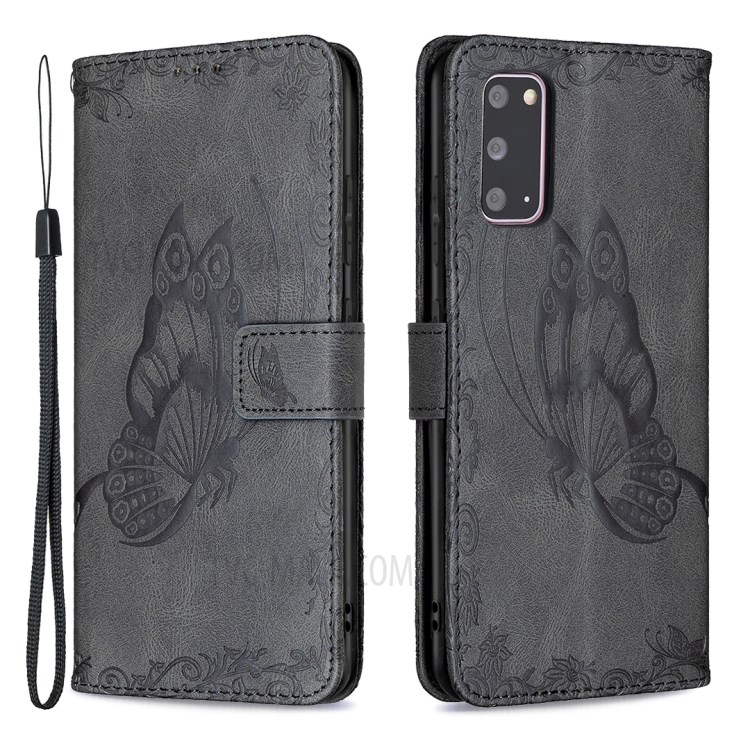 Imprint Butterfly Flower Leather Wallet Shell Case for Samsung Galaxy S20 - Black-1