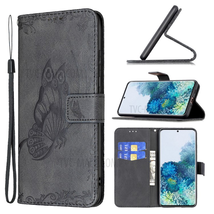 Imprint Butterfly Flower Leather Wallet Shell Case for Samsung Galaxy S20 - Black-10