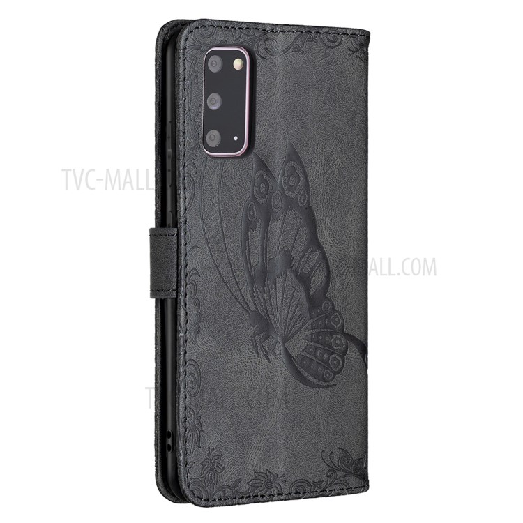 Imprint Butterfly Flower Leather Wallet Shell Case for Samsung Galaxy S20 - Black-8