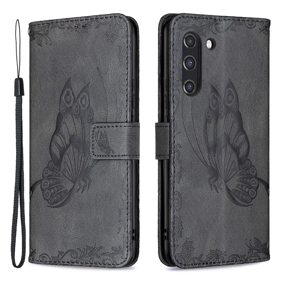 Imprint Butterfly Flower Magnetic Leather Stand Case for Samsung Galaxy S21 FE/S21 Fan Edition - Black-1