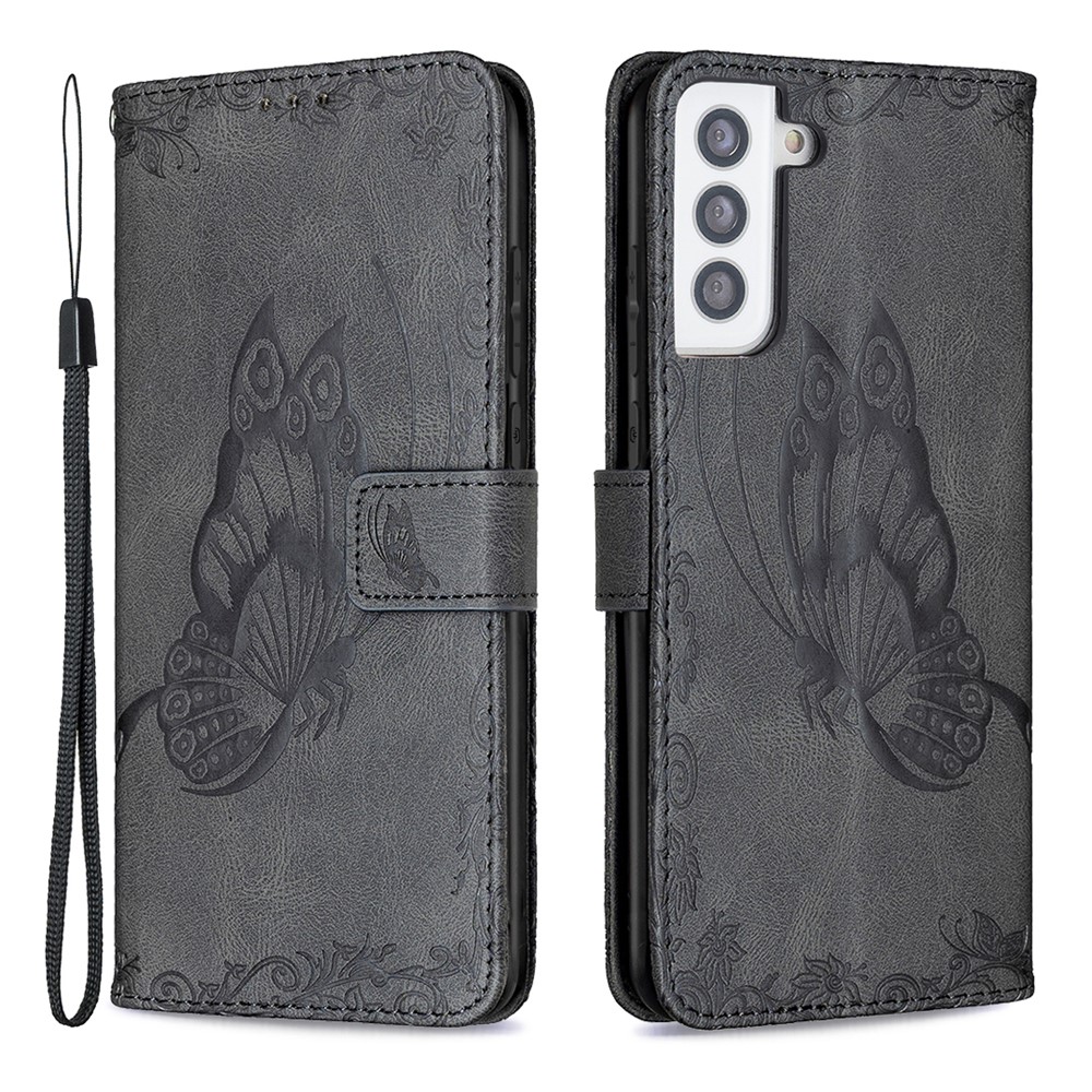 Imprint Butterfly Flower Leather Wallet Case for Samsung Galaxy S21 Plus 5G - Black-1