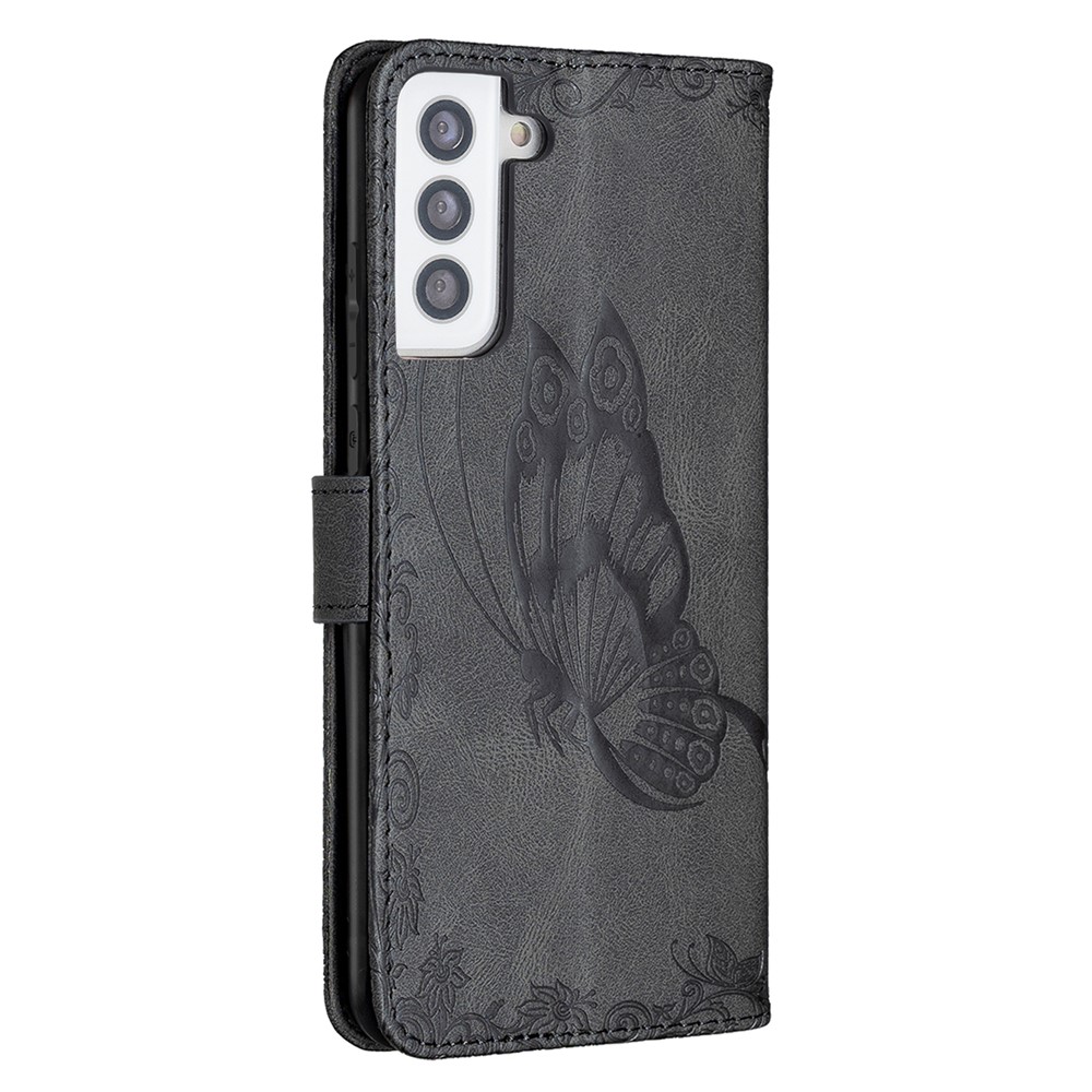 Imprint Butterfly Flower Leather Wallet Case for Samsung Galaxy S21 Plus 5G - Black-8
