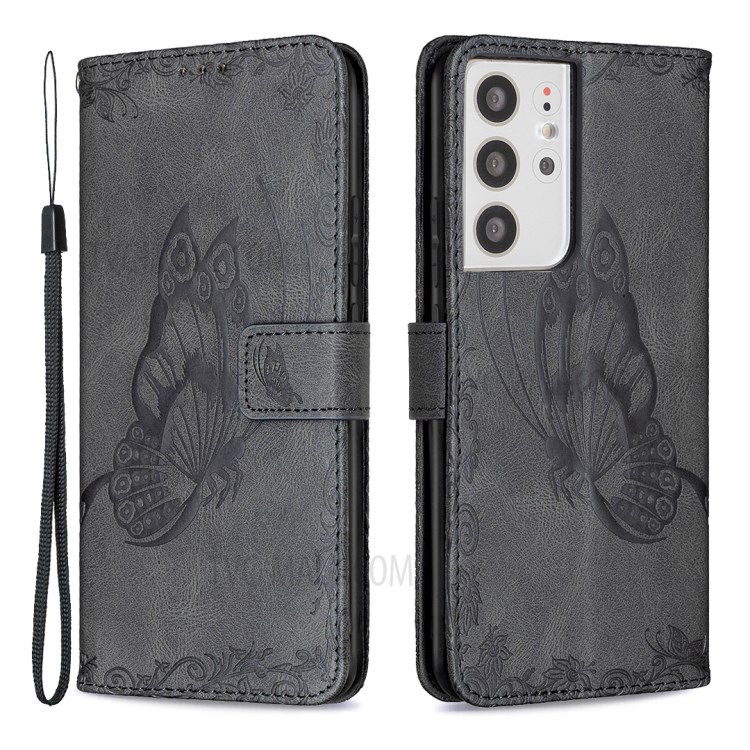 Étui De Portefeuille En Cuir De Fleur De Papillon D'empreinte Pour Samsung Galaxy S21 Ultra 5G - Noir-1