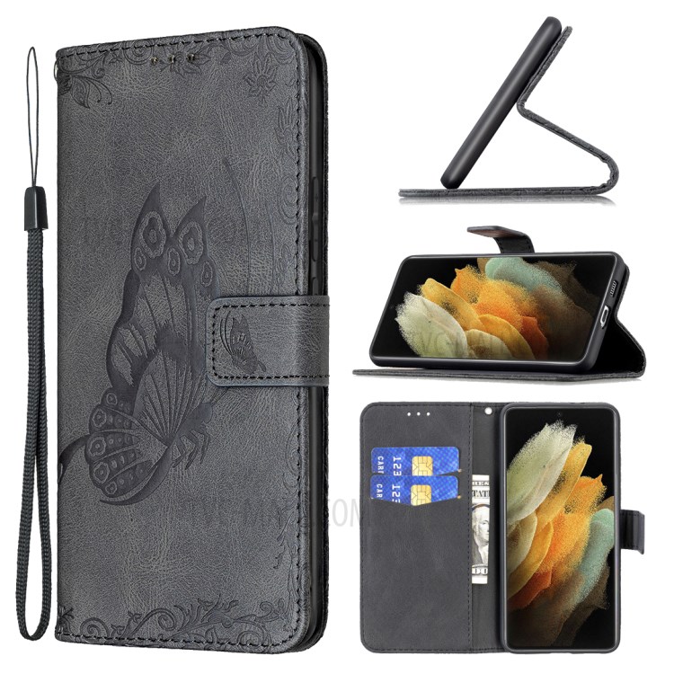Étui De Portefeuille En Cuir De Fleur De Papillon D'empreinte Pour Samsung Galaxy S21 Ultra 5G - Noir-10