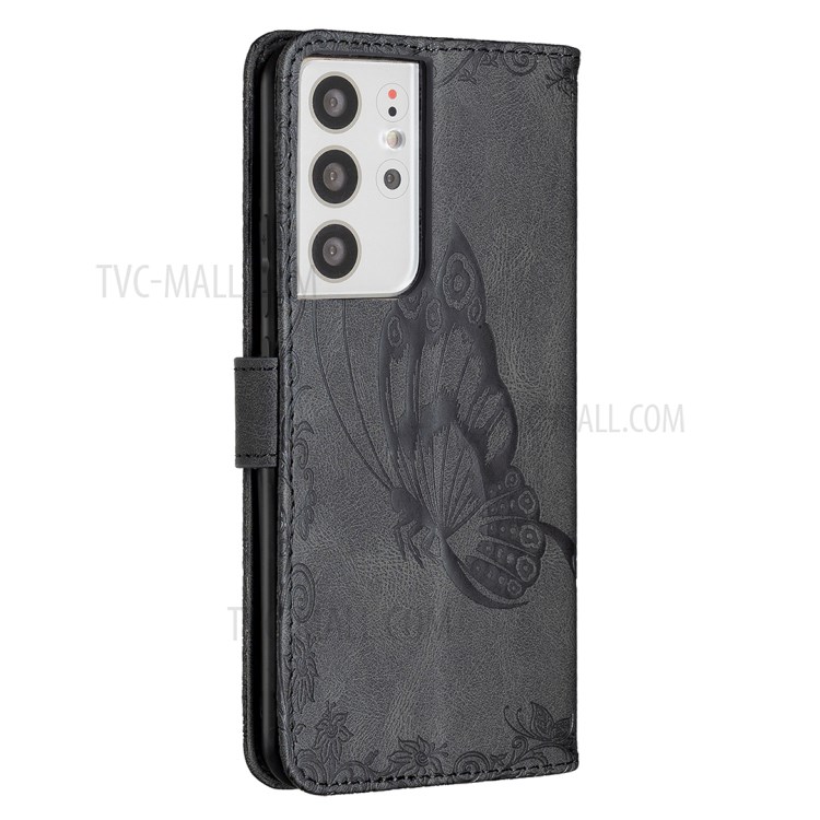 Étui De Portefeuille En Cuir De Fleur De Papillon D'empreinte Pour Samsung Galaxy S21 Ultra 5G - Noir-8