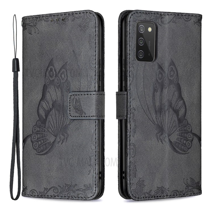 Imprint Butterfly Flower Magnetic Leather Stand Shell for Samsung Galaxy A02s (164.2x75.9x9.1mm) - Black-1