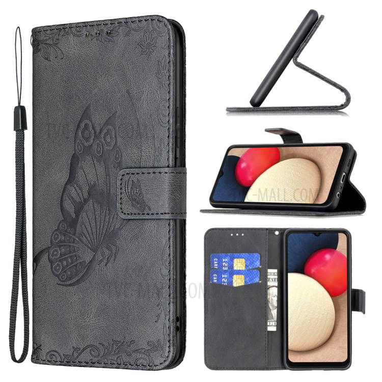 Imprint Butterfly Flower Magnetic Leather Stand Shell for Samsung Galaxy A02s (164.2x75.9x9.1mm) - Black-10