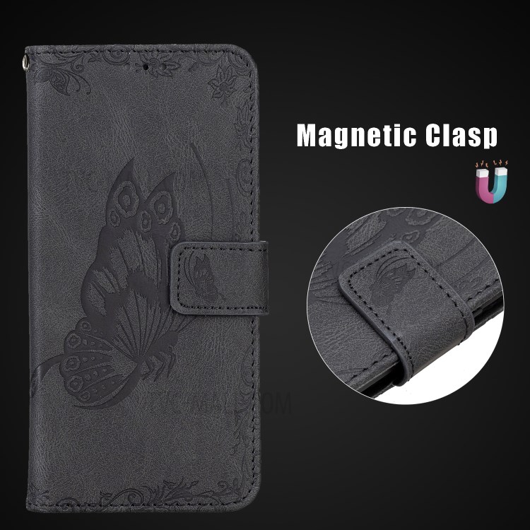 Imprint Butterfly Flower Magnetic Leather Stand Shell for Samsung Galaxy A02s (164.2x75.9x9.1mm) - Black-4