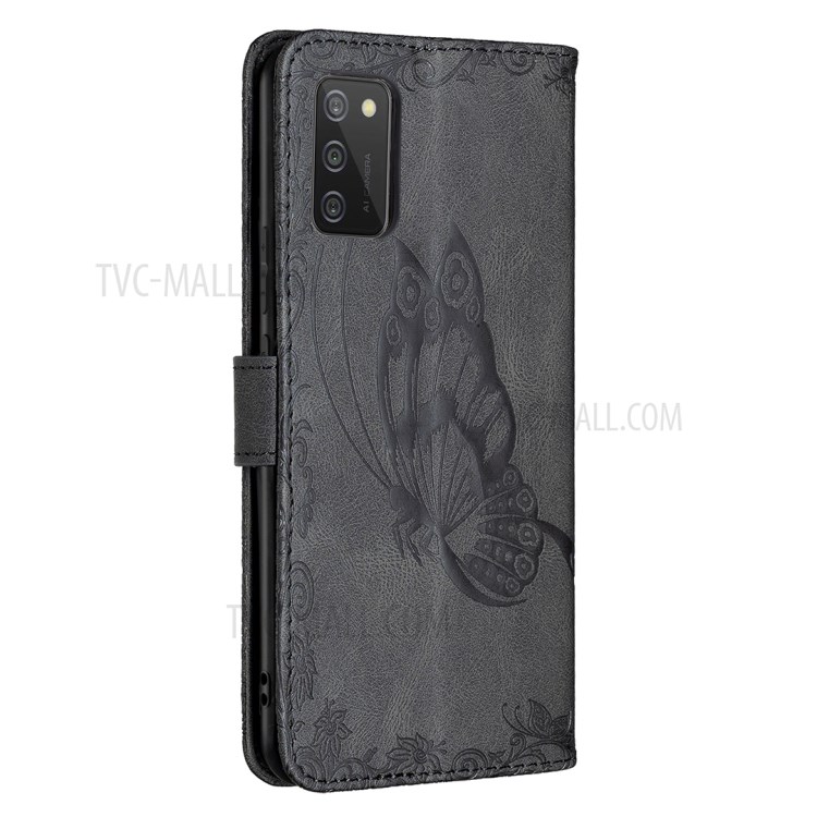 Imprint Butterfly Flower Magnetic Leather Stand Shell for Samsung Galaxy A02s (164.2x75.9x9.1mm) - Black-8