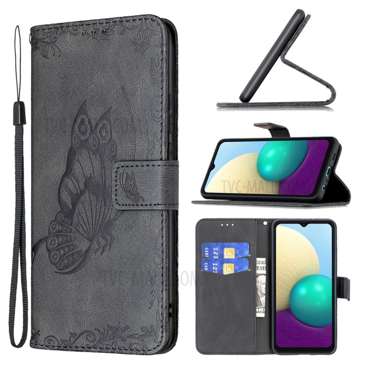 Imprinted Big Butterfly Pattern Leather Wallet Case Stand Cover for Samsung Galaxy A02/M02 - Black-10