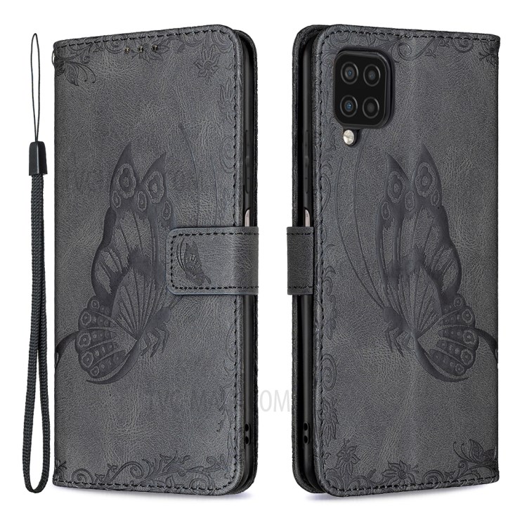 Imprint Butterfly Flower Wallet Leather Stand Case for Samsung Galaxy A12 - Black-1