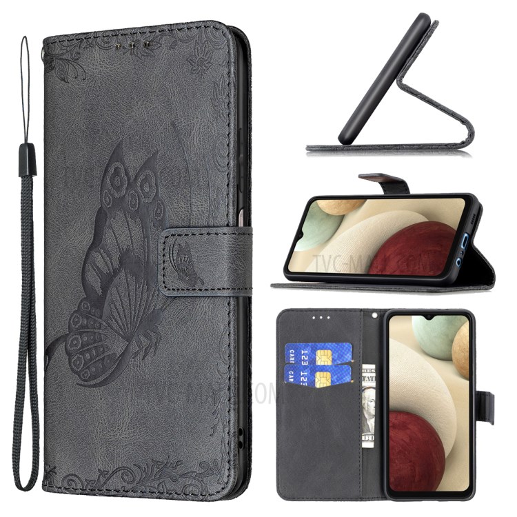 Imprint Butterfly Flower Wallet Leather Stand Case for Samsung Galaxy A12 - Black-10