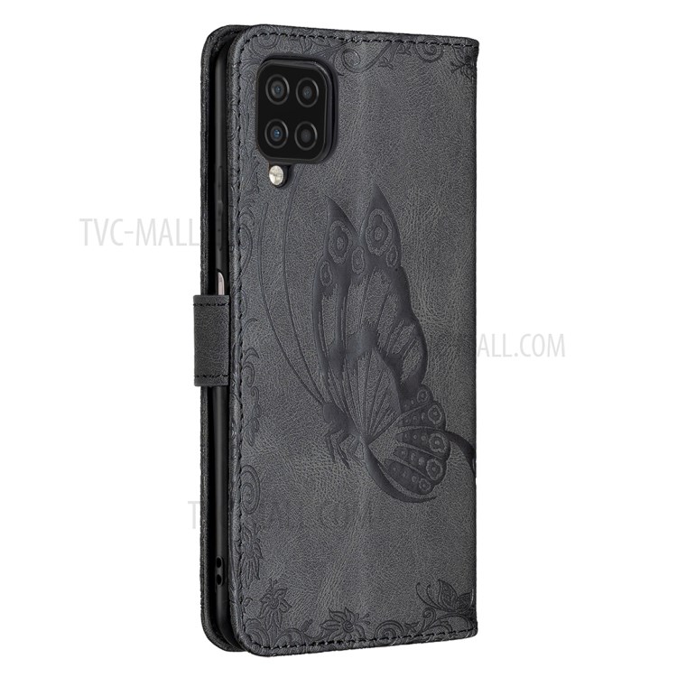 Imprint Butterfly Flower Wallet Leather Stand Case for Samsung Galaxy A12 - Black-8