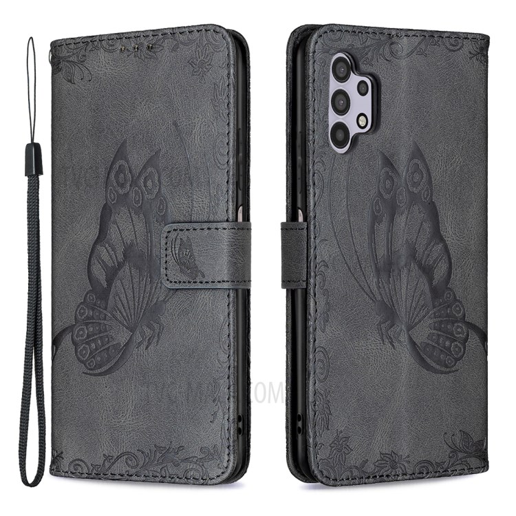 Imprint Butterfly Flower PU Leather Stand Case for Samsung Galaxy A32 5G - Black-1