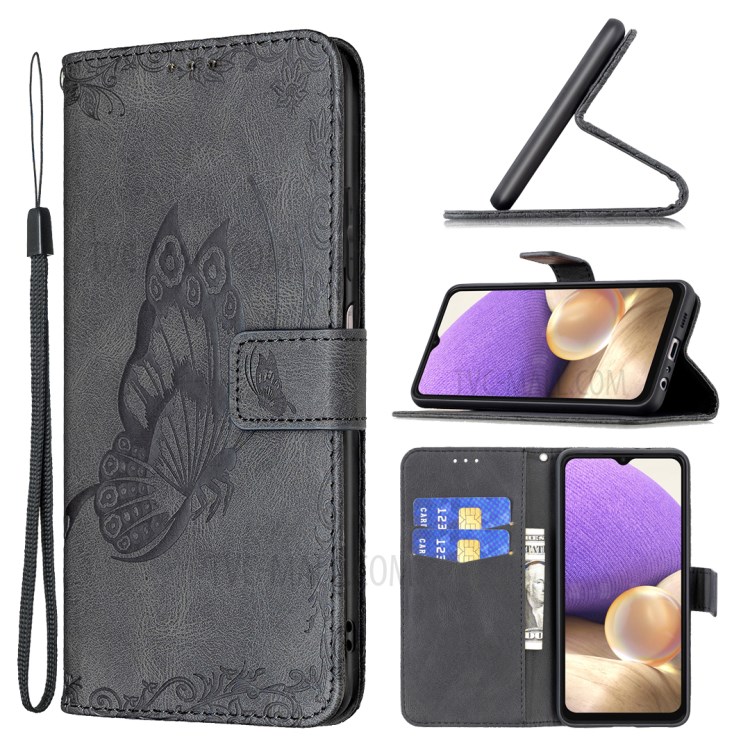 Imprint Butterfly Flower PU Leather Stand Case for Samsung Galaxy A32 5G - Black-10