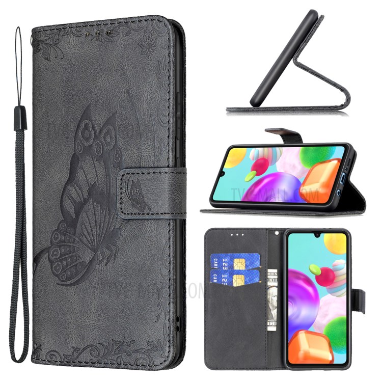 Imprint Butterfly Flower Leather Wallet Stand Case for Samsung Galaxy A41 (Global Version) - Black-10
