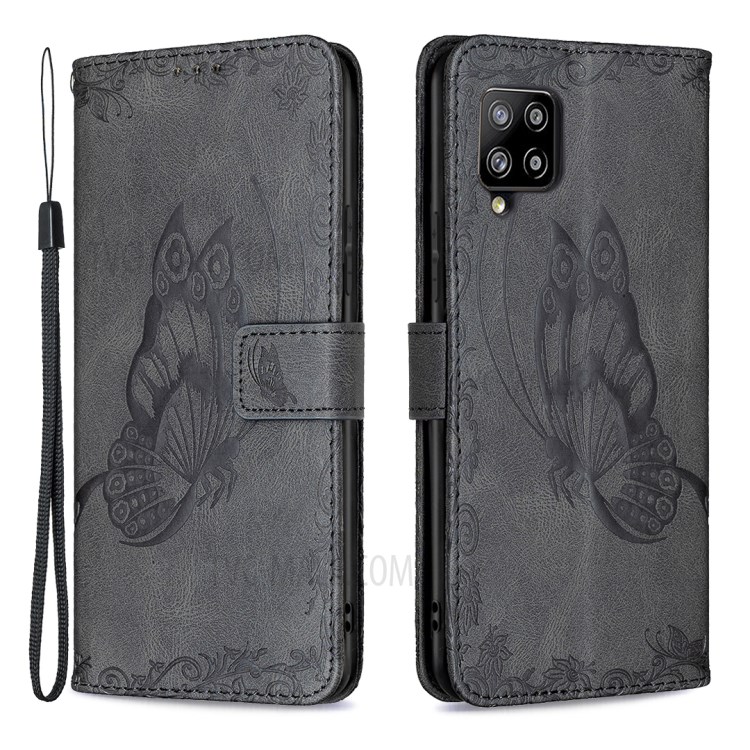 Imprint Butterfly Flower Magnetic Leather Stand Case for Samsung Galaxy A42 5G - Black-1