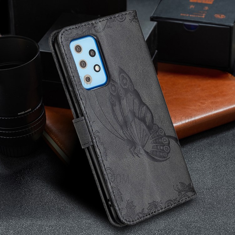 Imprint Butterfly Flower Leather Wallet Case for Samsung Galaxy A52 5G/4G - Black-12