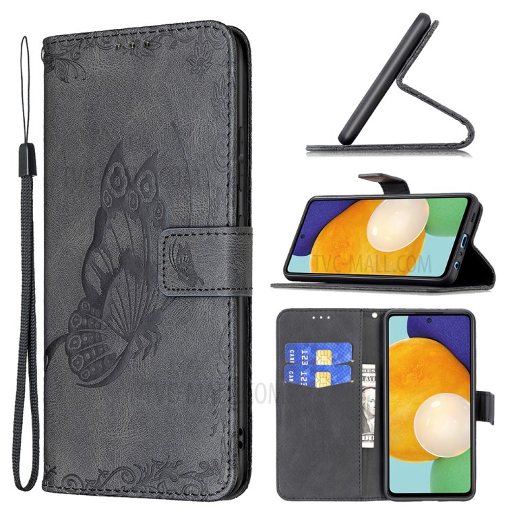 Imprint Butterfly Flower Leather Wallet Case for Samsung Galaxy A52 5G/4G - Black-6