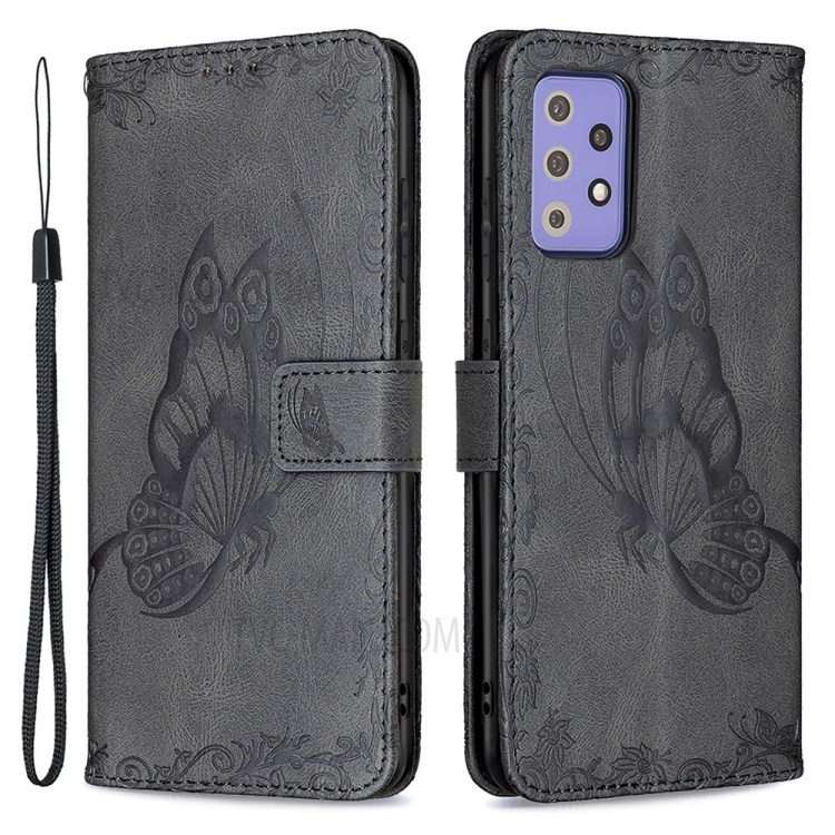 Imprint Butterfly Flower Leather Wallet Case Shell for Samsung Galaxy A72 5G/4G - Black-1