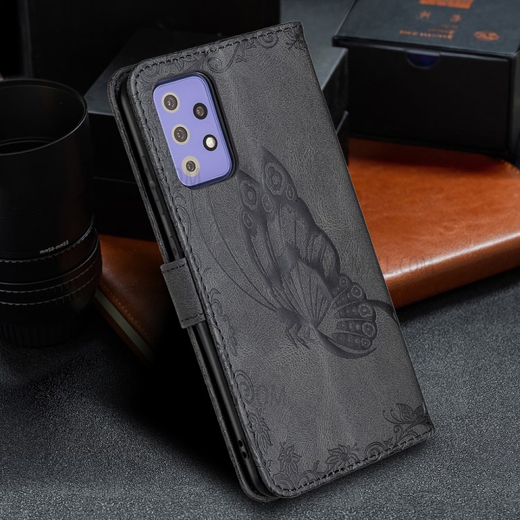 Imprint Butterfly Flower Leather Wallet Case Shell for Samsung Galaxy A72 5G/4G - Black-12