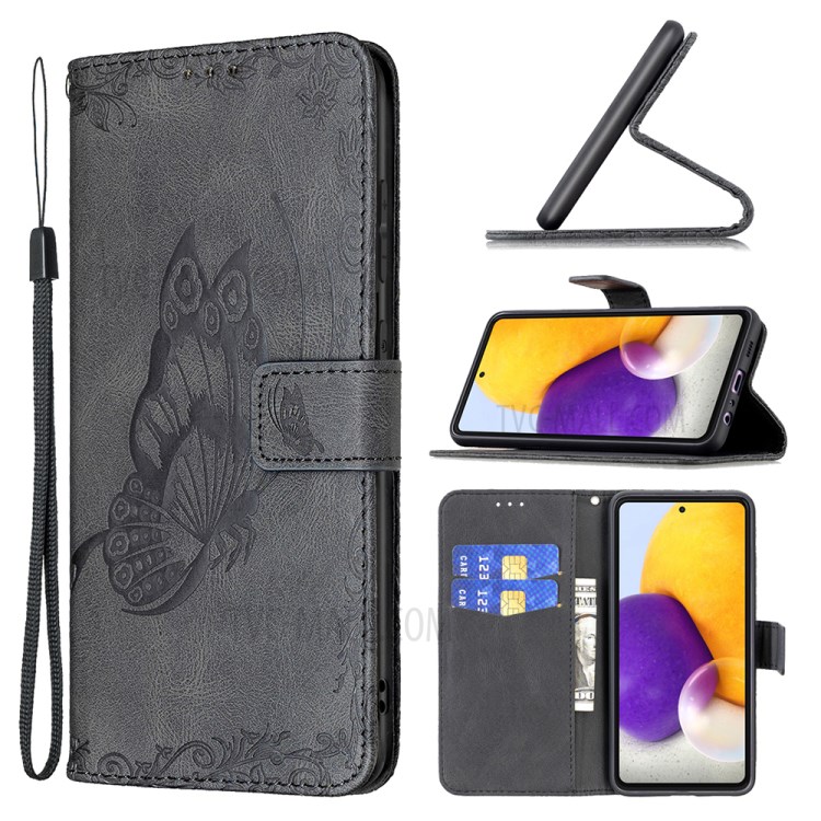 Imprint Butterfly Flower Leather Wallet Case Shell for Samsung Galaxy A72 5G/4G - Black-6