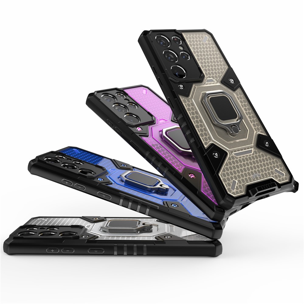 Kickstand Design PC+TPU Hybrid Phone Case Cover Shell Built-in Magnetic Holder for Samsung Galaxy S21 Ultra 5G - Blue-12