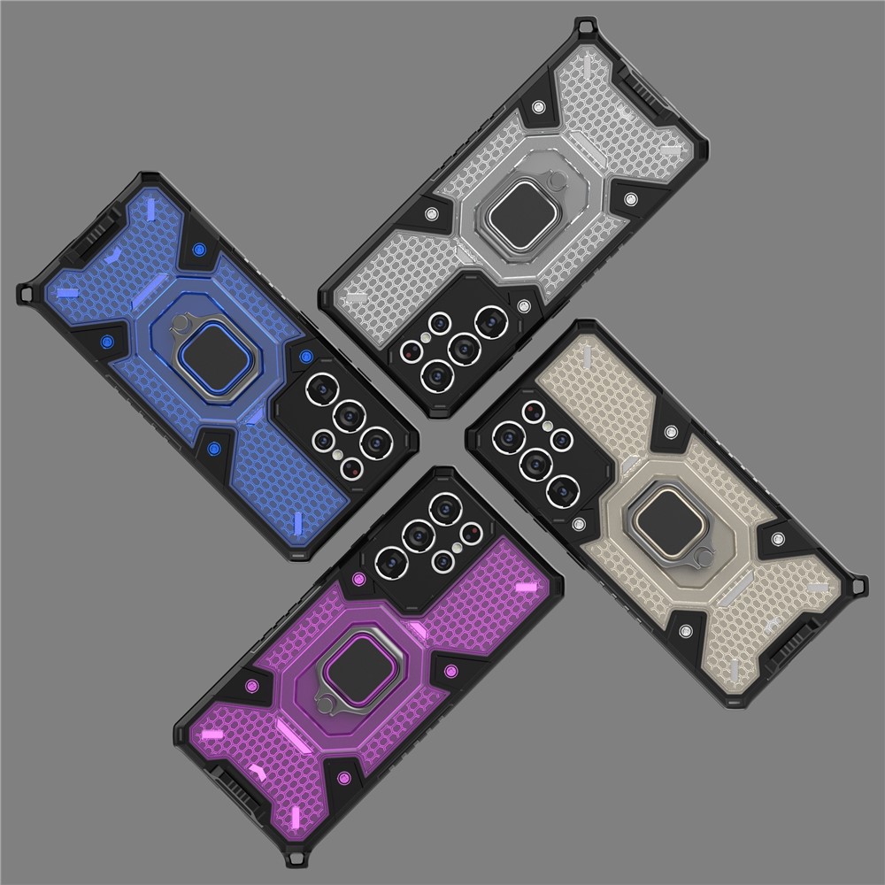 Kickstand Design PC+TPU Hybrid Phone Case Cover Shell Built-in Magnetic Holder for Samsung Galaxy S21 Ultra 5G - Blue-13
