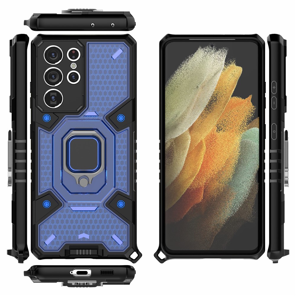 Kickstand Design PC+TPU Hybrid Phone Case Cover Shell Built-in Magnetic Holder for Samsung Galaxy S21 Ultra 5G - Blue-2