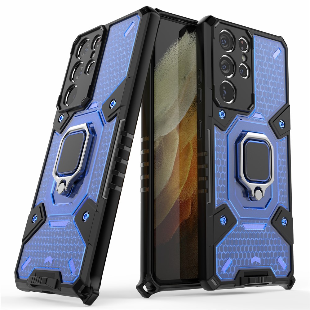Kickstand Design PC+TPU Hybrid Phone Case Cover Shell Built-in Magnetic Holder for Samsung Galaxy S21 Ultra 5G - Blue-3