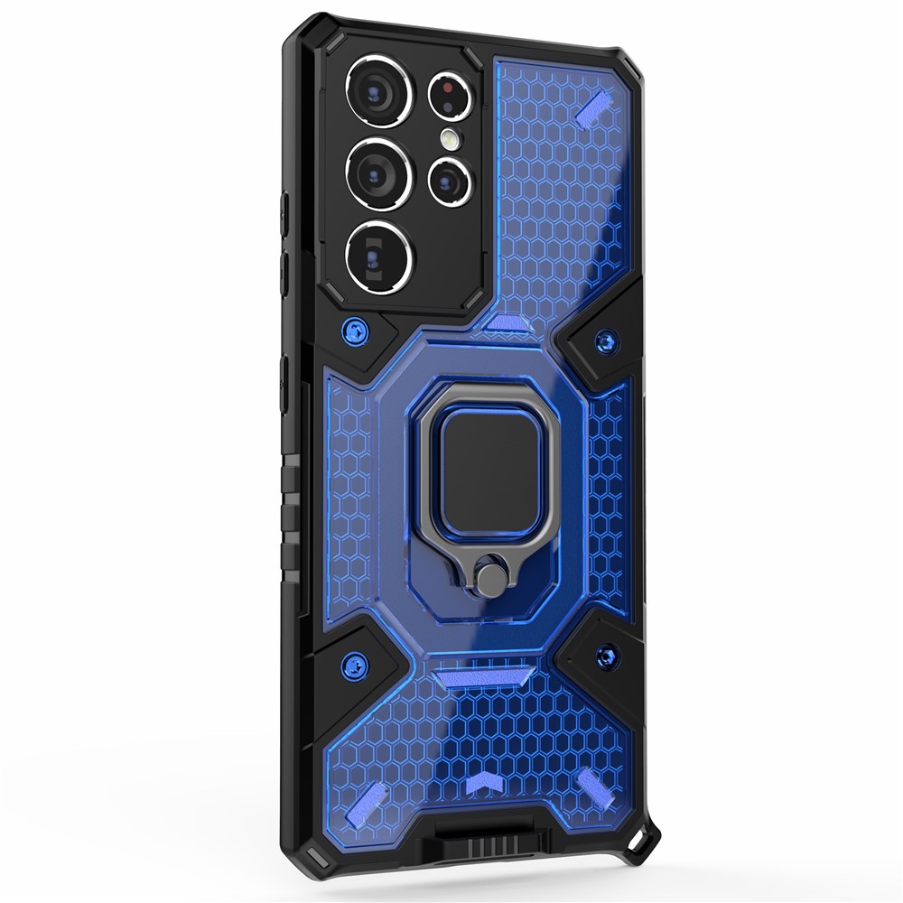 Kickstand Design PC+TPU Hybrid Phone Case Cover Shell Built-in Magnetic Holder for Samsung Galaxy S21 Ultra 5G - Blue-5