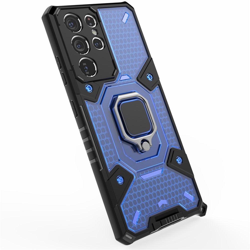 Kickstand Design PC+TPU Hybrid Phone Case Cover Shell Built-in Magnetic Holder for Samsung Galaxy S21 Ultra 5G - Blue-7