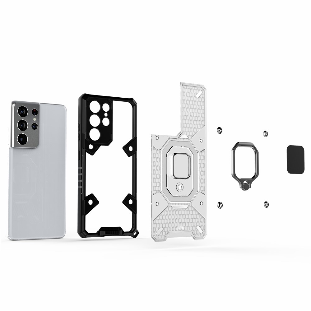 Kickstand Design PC+TPU Гибридный Чехол Для Корпуса Встроенный Магнитный Держатель Для Samsung Galaxy S21 Ultra 5G - Синий