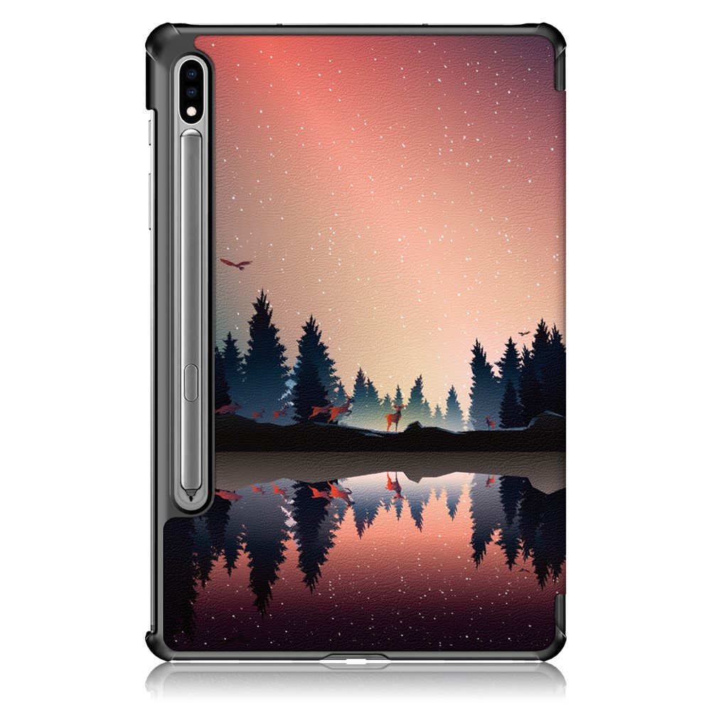 Tri-fach Ständer Design Muster Printing PU Leder Tablet Hülle Shellschutz Für Samsung Galaxy Tab S7 fe T736/Tab S7 Plus/Tab S8+ - Fluss Und Himmel