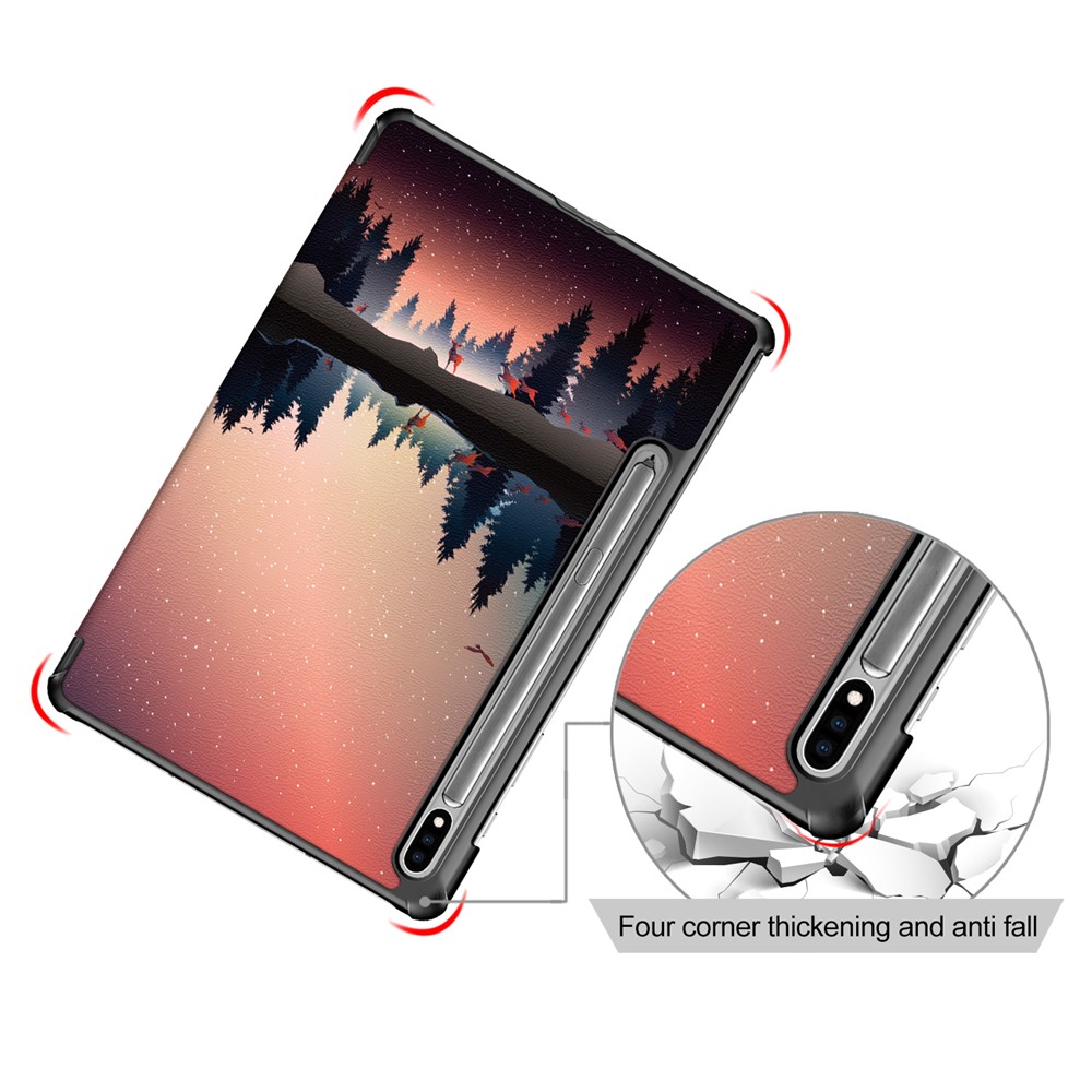 Tri-fold Stand Design Pattern Printing PU Leather Tablet Case Shell Protector for Samsung Galaxy Tab S7 FE T736 - River and Sky-7