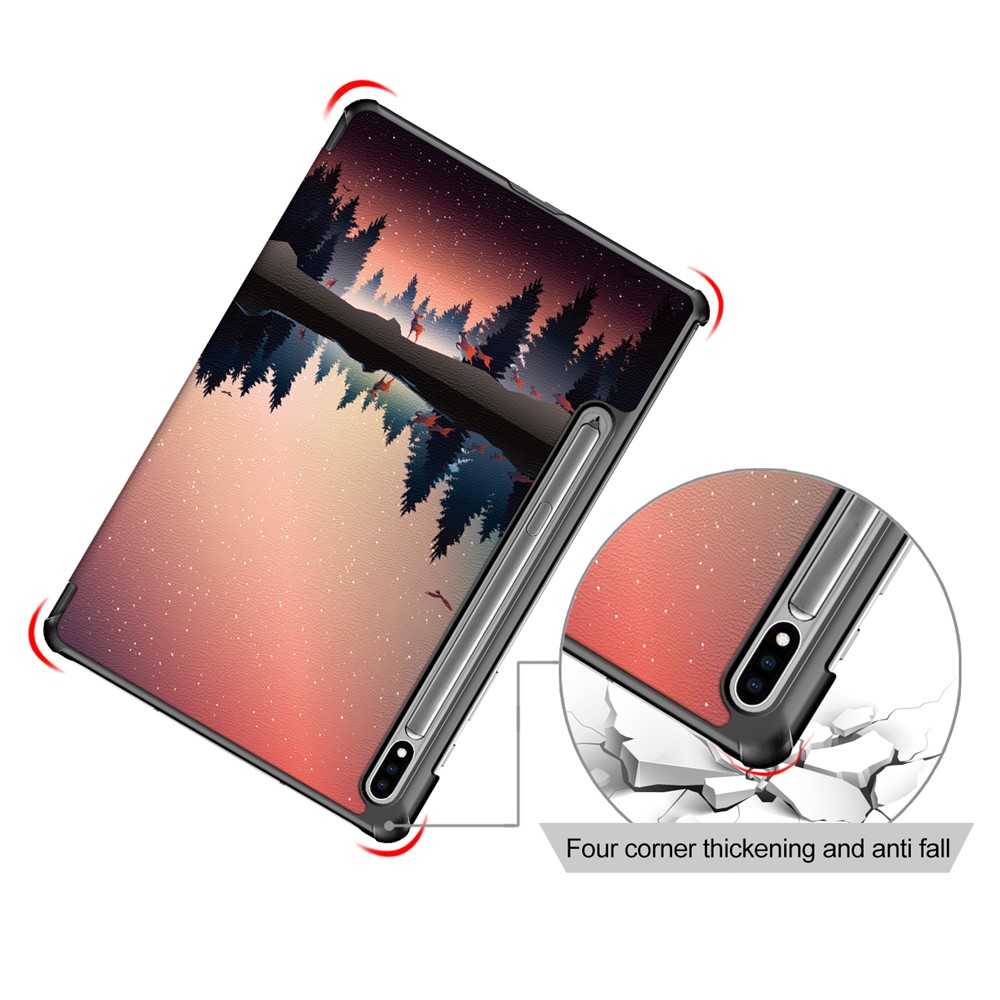 Tri-fold Stand Design Pattern Printing PU Petter Caso Caso Protettore Shell Per Samsung Galaxy Tab S7 fe T736/Tab S7 Plus/Tab S8+ - Fiume e Cielo