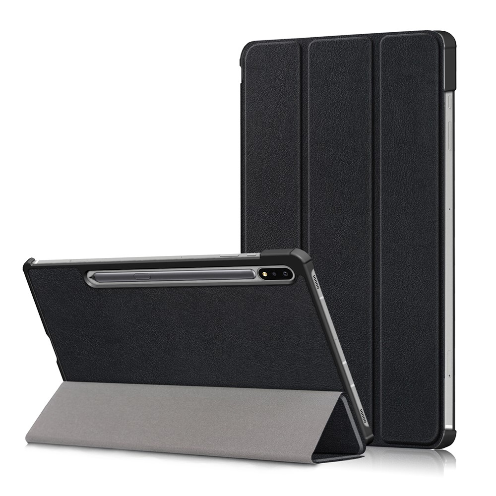 Tri-fold Stand Design Plain PU Leather Tablet Case Shell Protector for Samsung Galaxy Tab S7 FE T736 - Black-1