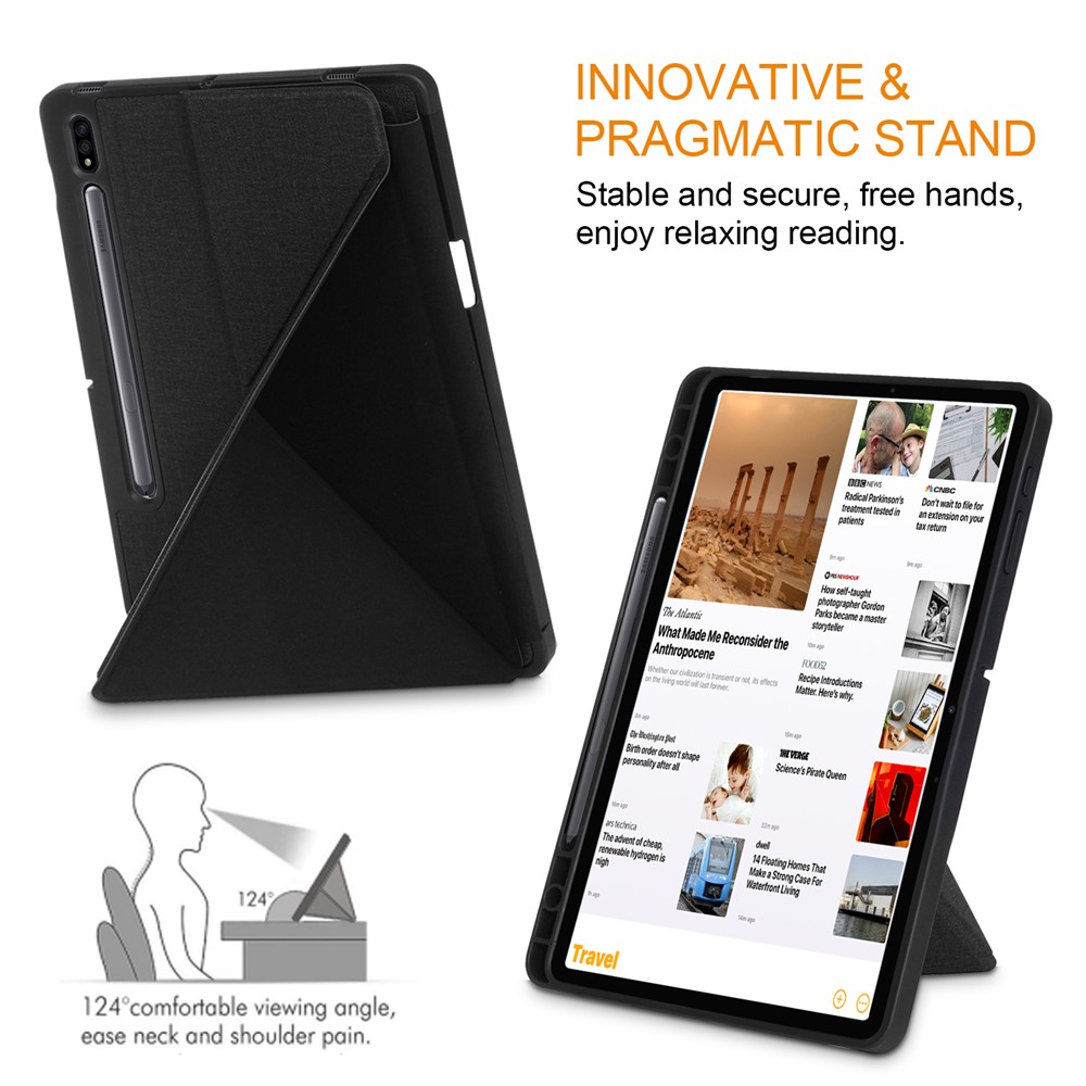 Origami Stand Design Plain Cloth Smart Tablet Case for Samsung Galaxy Tab S7 FE T736/Tab S7 Plus/Tab S8+ - Black