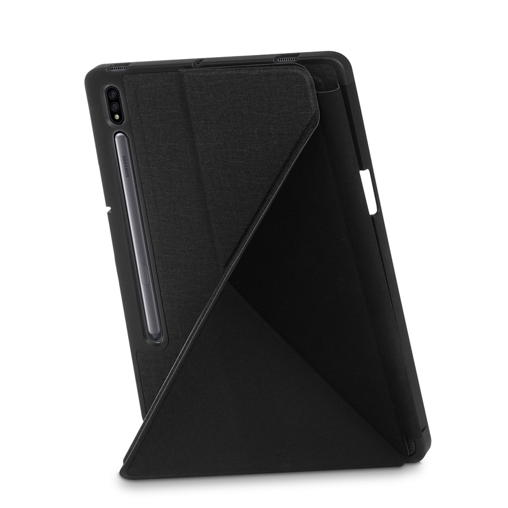 Origami Stand Design Plain Cloth Smart Tablet Case for Samsung Galaxy Tab S7 FE T736/Tab S7 Plus/Tab S8+ - Black