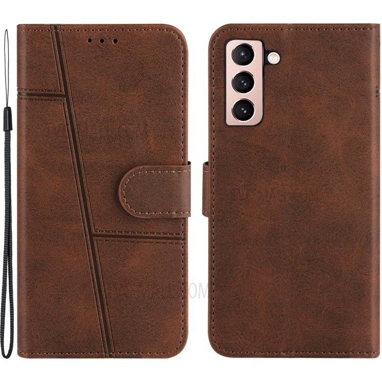 Wallet Stand Design Full Protection Splicing Leather Phone Cover Case with Strap for Samsung Galaxy S21 5G - Coffee-1