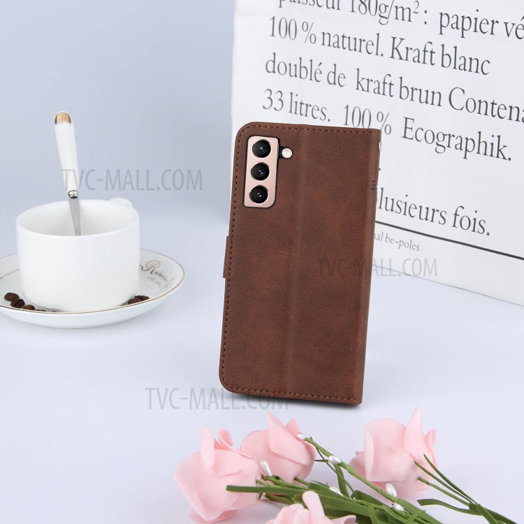 Wallet Stand Design Full Protection Splicing Leather Phone Cover Case with Strap for Samsung Galaxy S21 5G - Coffee-10