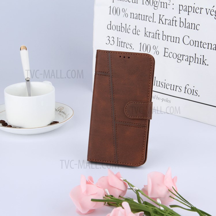 Wallet Stand Design Full Protection Splicing Leather Phone Cover Case with Strap for Samsung Galaxy S21 5G - Coffee-11