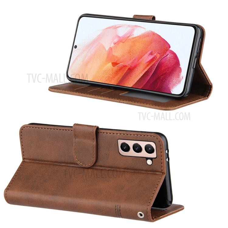 Wallet Stand Design Full Protection Splicing Leather Phone Cover Case with Strap for Samsung Galaxy S21 5G - Coffee-2