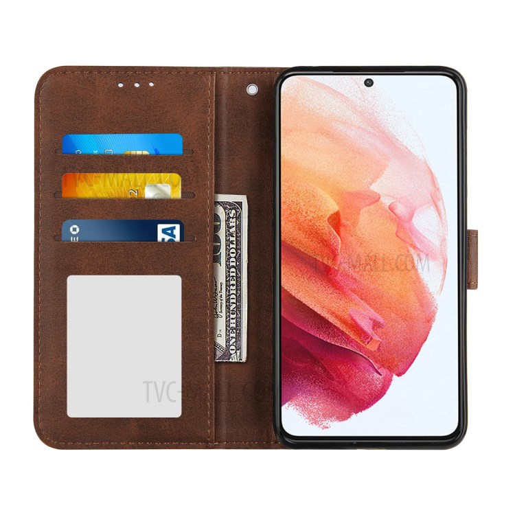 Wallet Stand Design Full Protection Splicing Leather Phone Cover Case with Strap for Samsung Galaxy S21 5G - Coffee-3