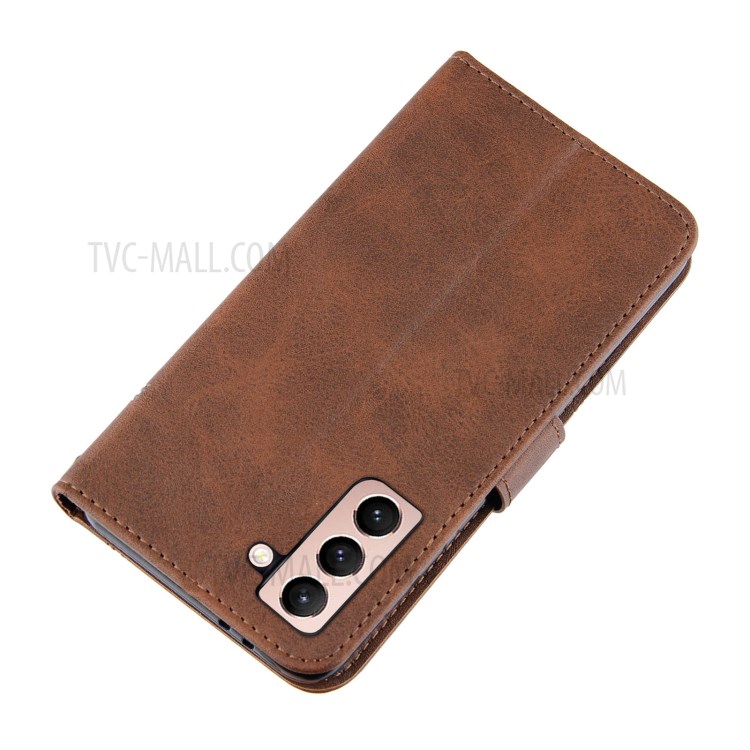 Wallet Stand Design Full Protection Splicing Leather Phone Cover Case with Strap for Samsung Galaxy S21 5G - Coffee-5