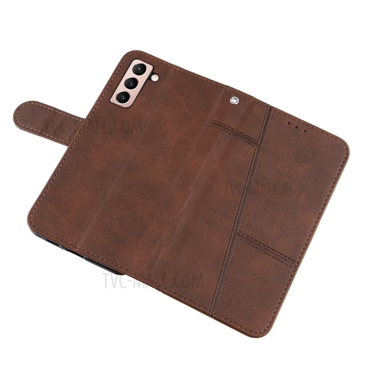 Wallet Stand Design Full Protection Splicing Leather Phone Cover Case with Strap for Samsung Galaxy S21 5G - Coffee-6