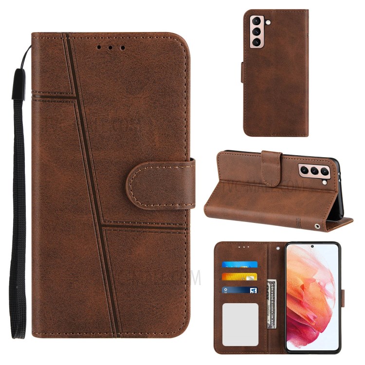 Wallet Stand Design Full Protection Splicing Leather Phone Cover Case with Strap for Samsung Galaxy S21 5G - Coffee-7