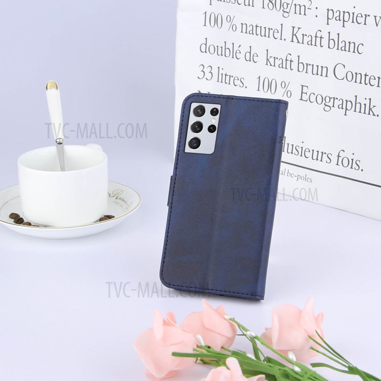 Full Protection Splicing Leather Phone Cover Case with Wallet Stand for Samsung Galaxy S21 Ultra 5G - Blue-10